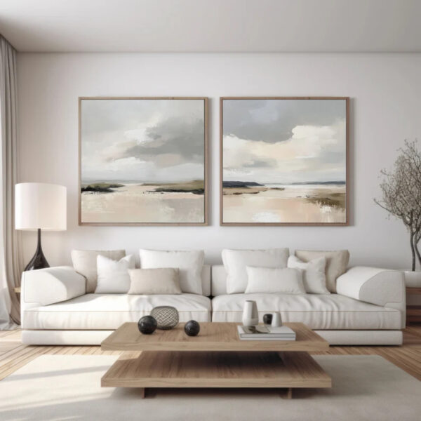 Conjunto com 2 Quadros com Pintura de Paisagem em Tons Neutros