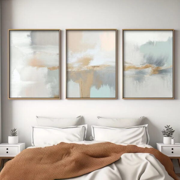 Conjunto com 3 Quadros Abstratos em Tons Neutros